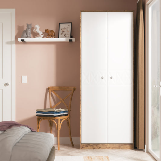 Pixel Tall Plain Wardrobe in White Matt and Vintage Oak Colour