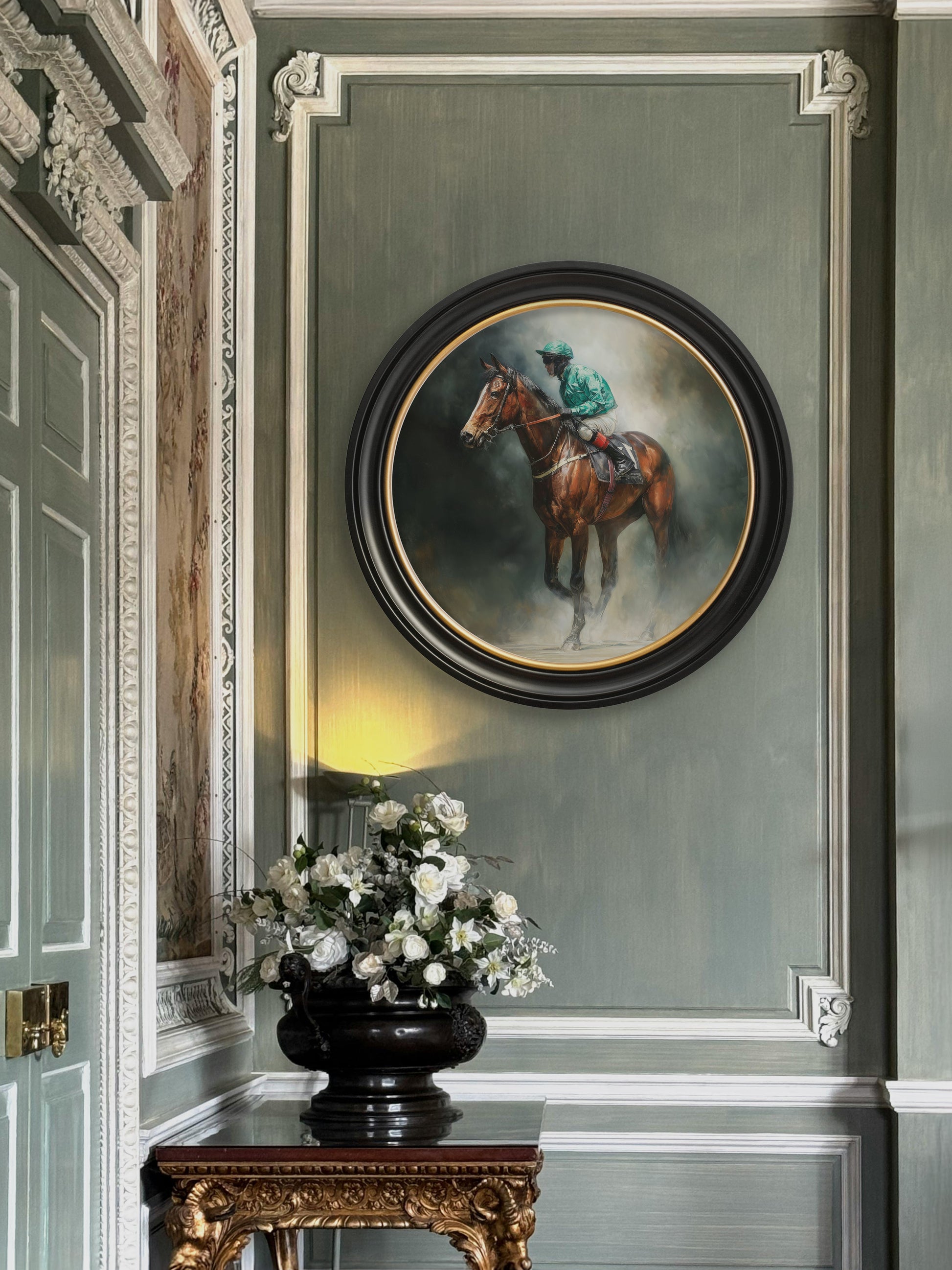 Premium circular country estate racehorse portrait framed prints for sale