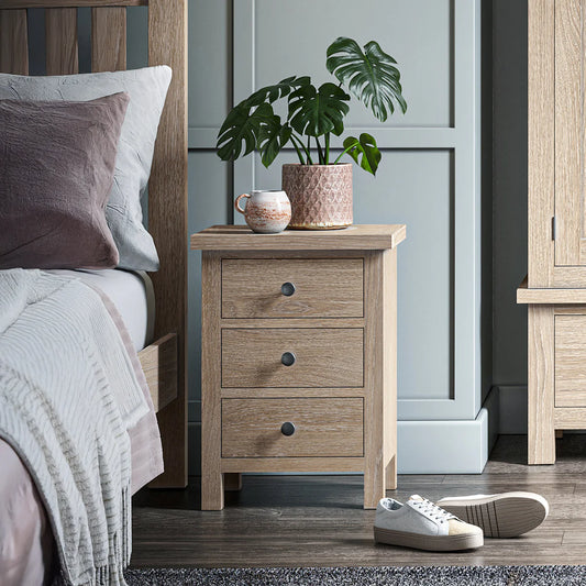 Modern Country Washed Oak 3 Drawer Bedside Table