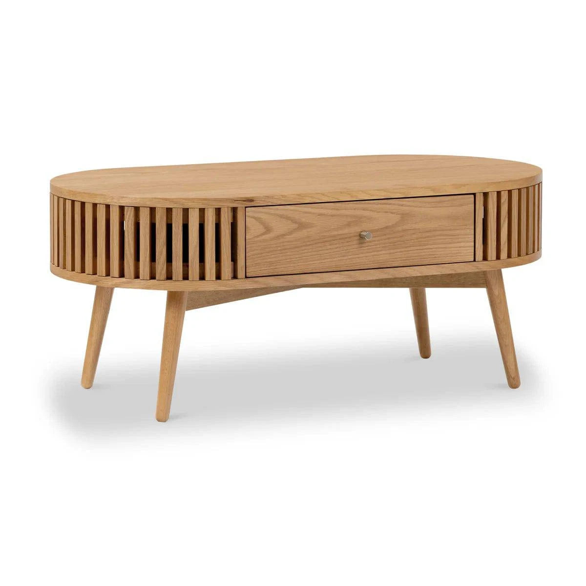 Soho Oak Slatted Oval 1 Drawer Coffee Table - Blythe Living