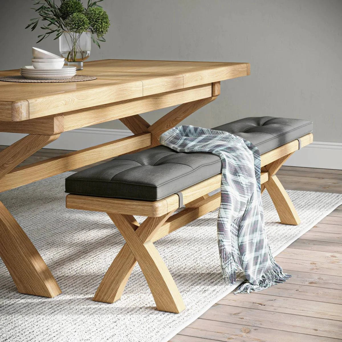 Normandy Oak Charcoal 200cm Cross Legged Dining Bench - Blythe Living