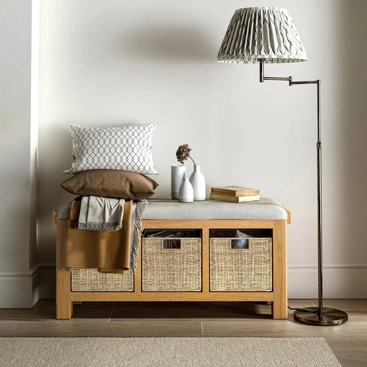 Normandy Oak Storage Bench With Baskets - Beige - Blythe Living