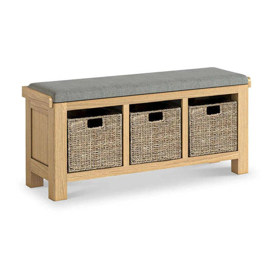 Normandy Oak Storage Bench With Baskets - Grey - Blythe Living