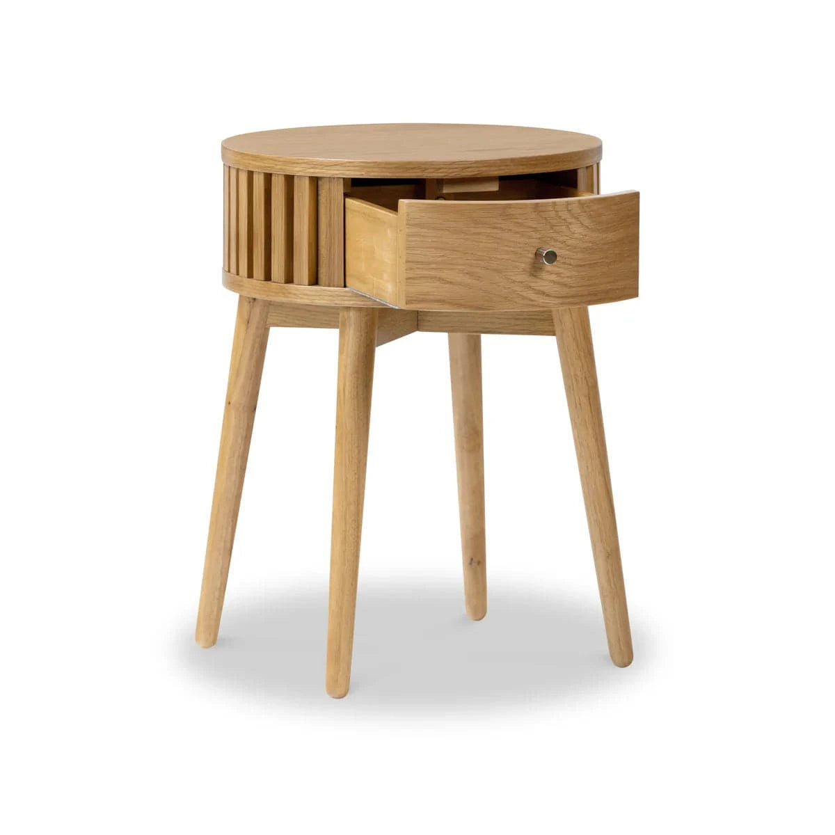 Soho Oak Slatted Round 1 Drawer Side Table - Blythe Living