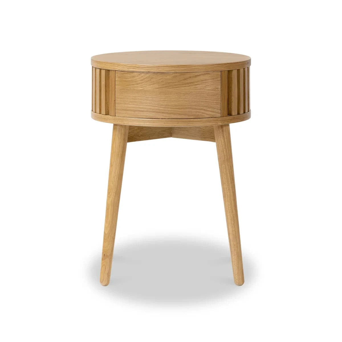 Soho Oak Slatted Round 1 Drawer Side Table - Blythe Living