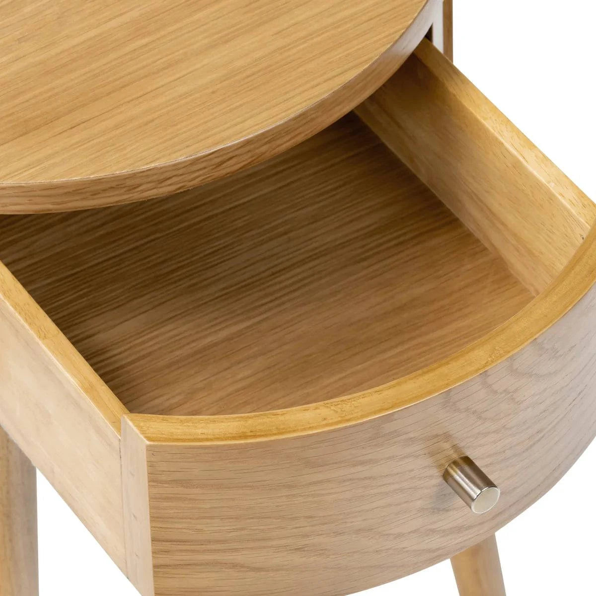 Soho Oak Slatted Round 1 Drawer Side Table - Blythe Living