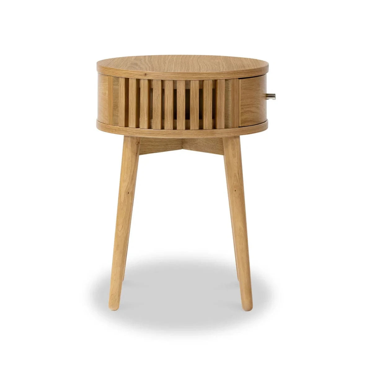 Soho Oak Slatted Round 1 Drawer Side Table - Blythe Living