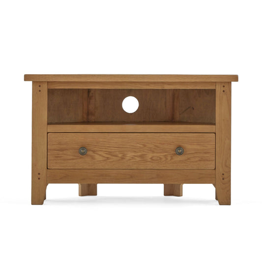 Burford Oak Corner TV Unit with Drawer - Blythe Living