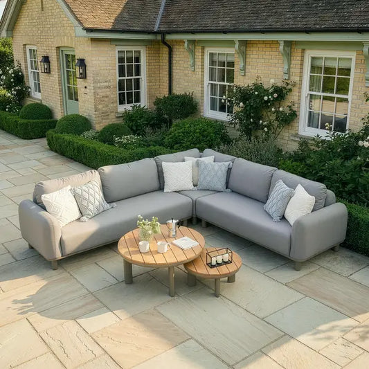 Maze - Outdoor Fabric Sicily Corner Sofa Set
with Round Coffee Tables - Café - Blythe Living