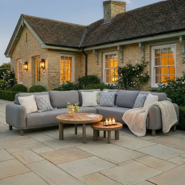 Maze - Outdoor Fabric Sicily Corner Sofa Set
with Round Coffee Tables - Café - Blythe Living