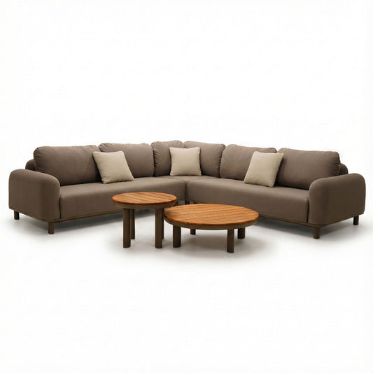 Maze - Outdoor Fabric Sicily Corner Sofa Set
with Round Coffee Tables - Café - Blythe Living