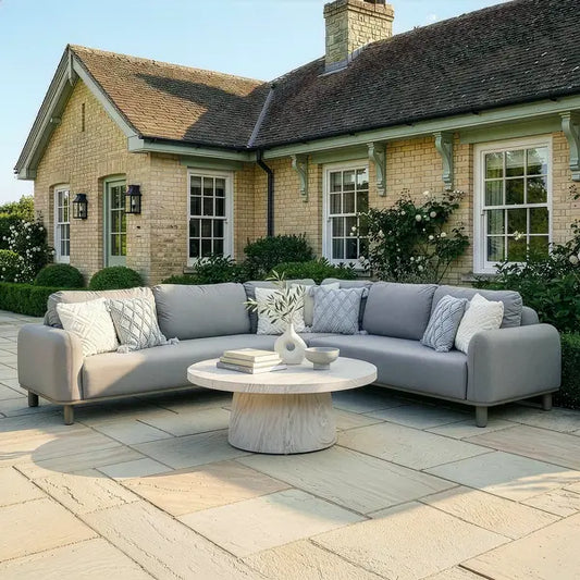 Maze - Outdoor Fabric Sicily Corner Sofa Set
with Round Marble Effect Coffee Table - Café - Blythe Living