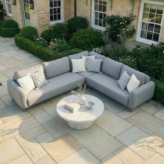 Maze - Outdoor Fabric Sicily Corner Sofa Set
with Round Marble Effect Coffee Table - Café - Blythe Living