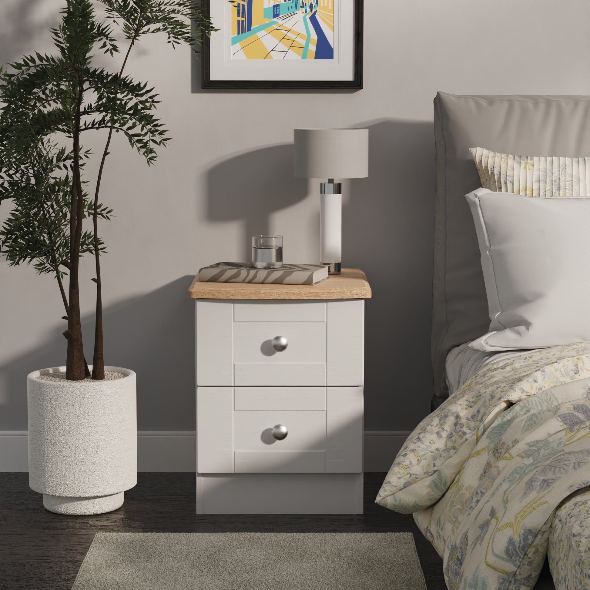 Sussex 2 Drawer Bedside Cabinet in Grey Ash & Bardolino Oak - Blythe Living