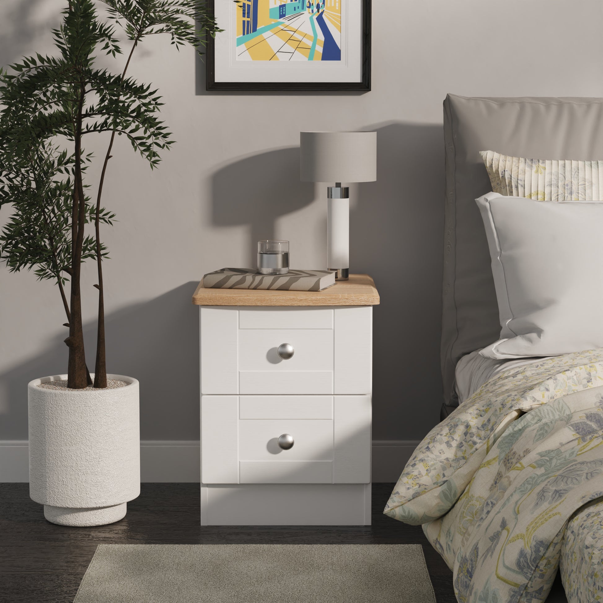 Ready to use Sussex 2 Drawer Bedside Cabinet White Ash & Oak