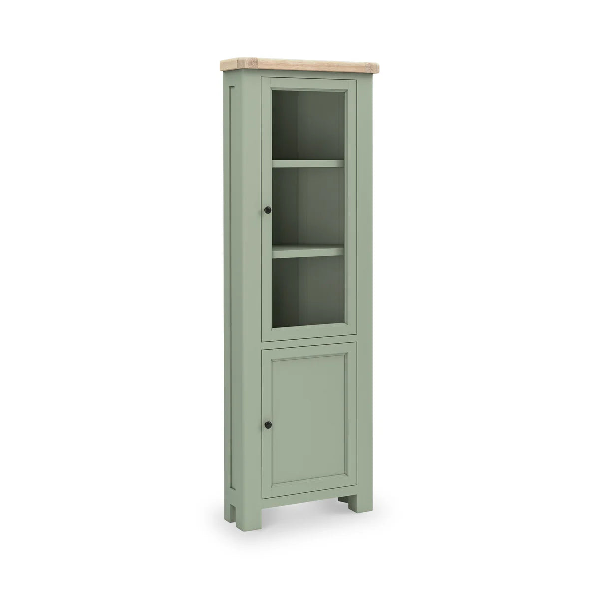 Salcombe Corner Display Cabinet Sage | Rustic Oak Glass Showcase