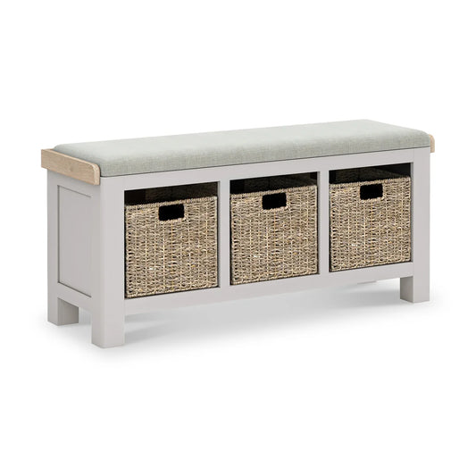 Salcombe Stone Grey Storage Bench with Baskets - Beige Cushion