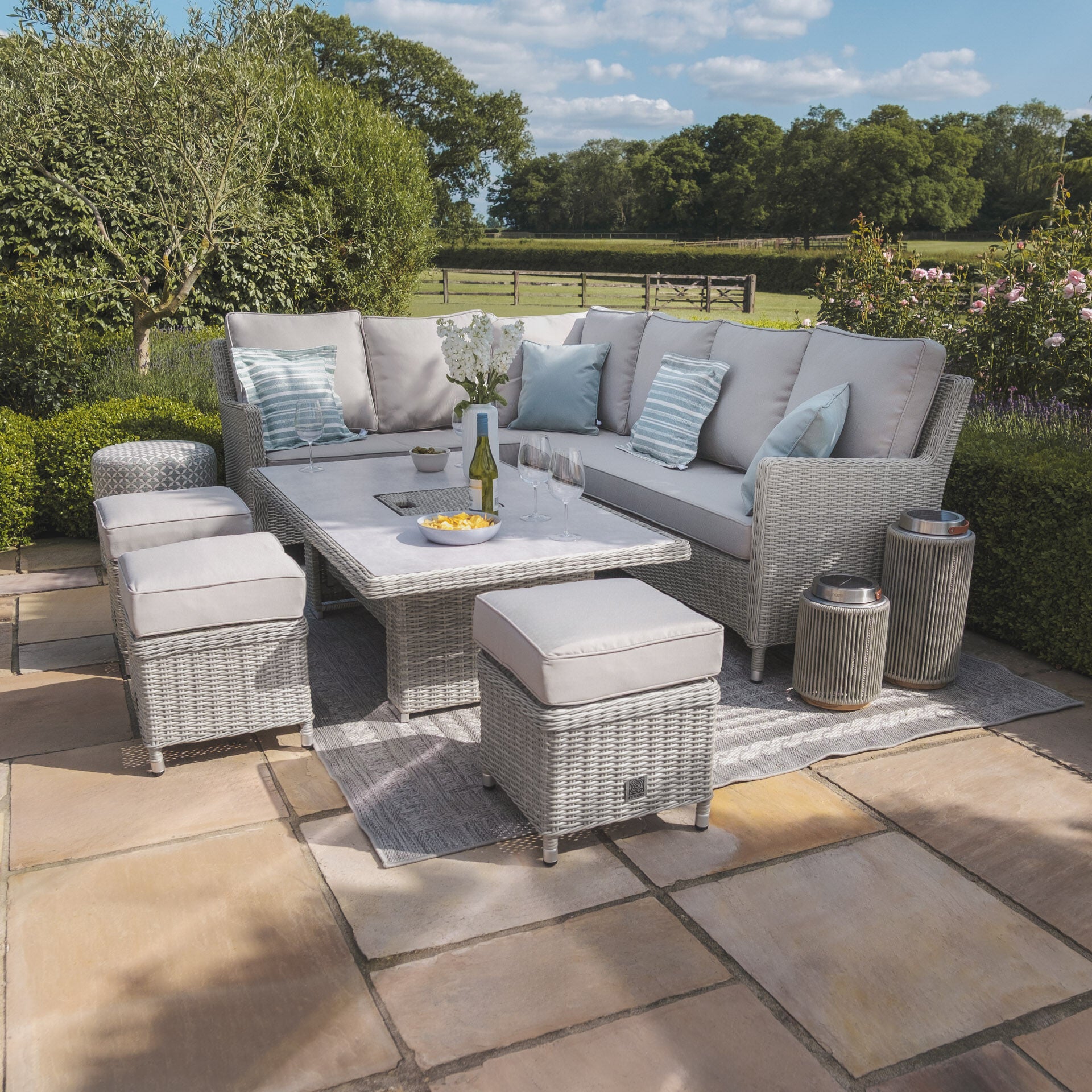 Maze - Oxford Rattan Corner Dining Set
with Ice Bucket & Rising Table - Ceramic Glass - Blythe Living