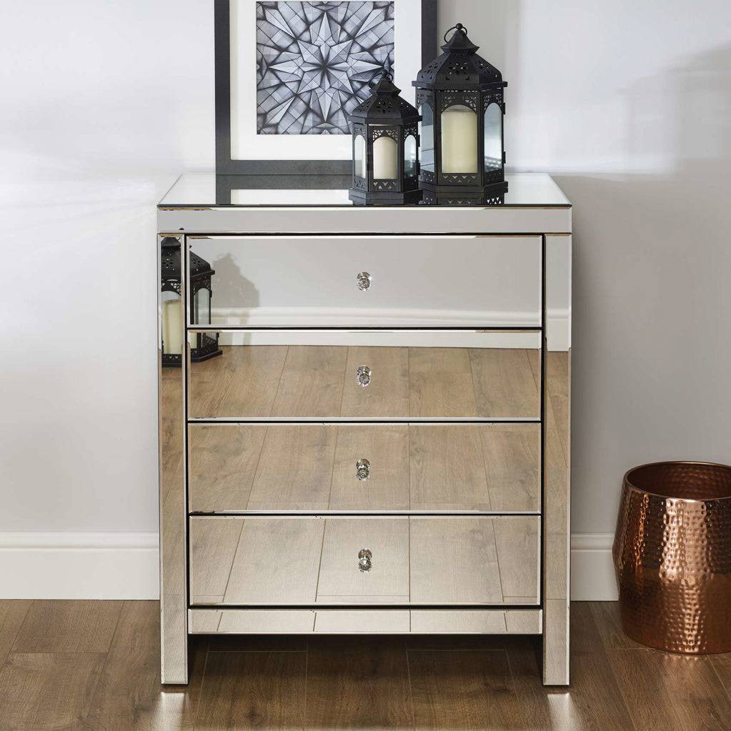 Shop British Seville 4 drawer mirrored chest at Blythe Living online

