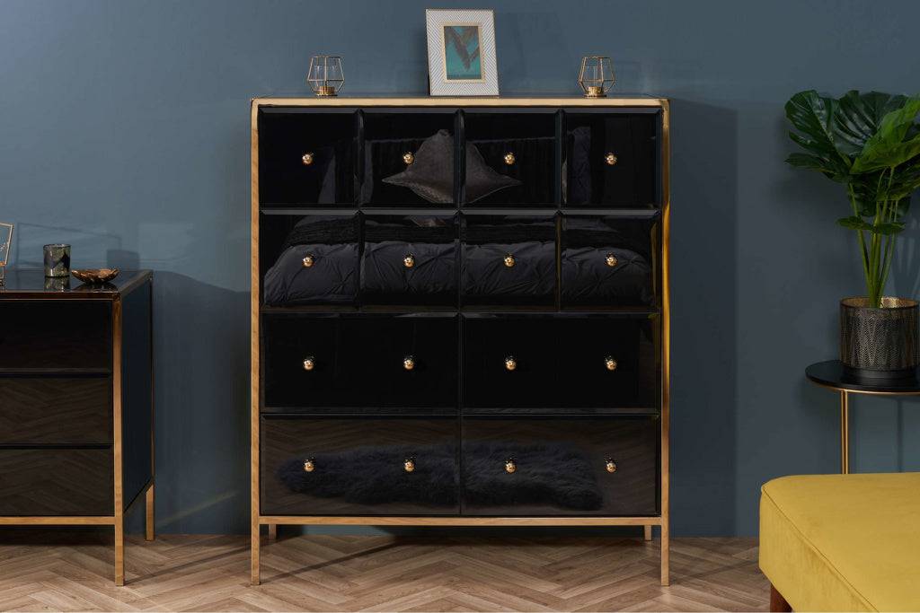 Shop Fenwick Merchant Chest featuring bevelled black glass panels
