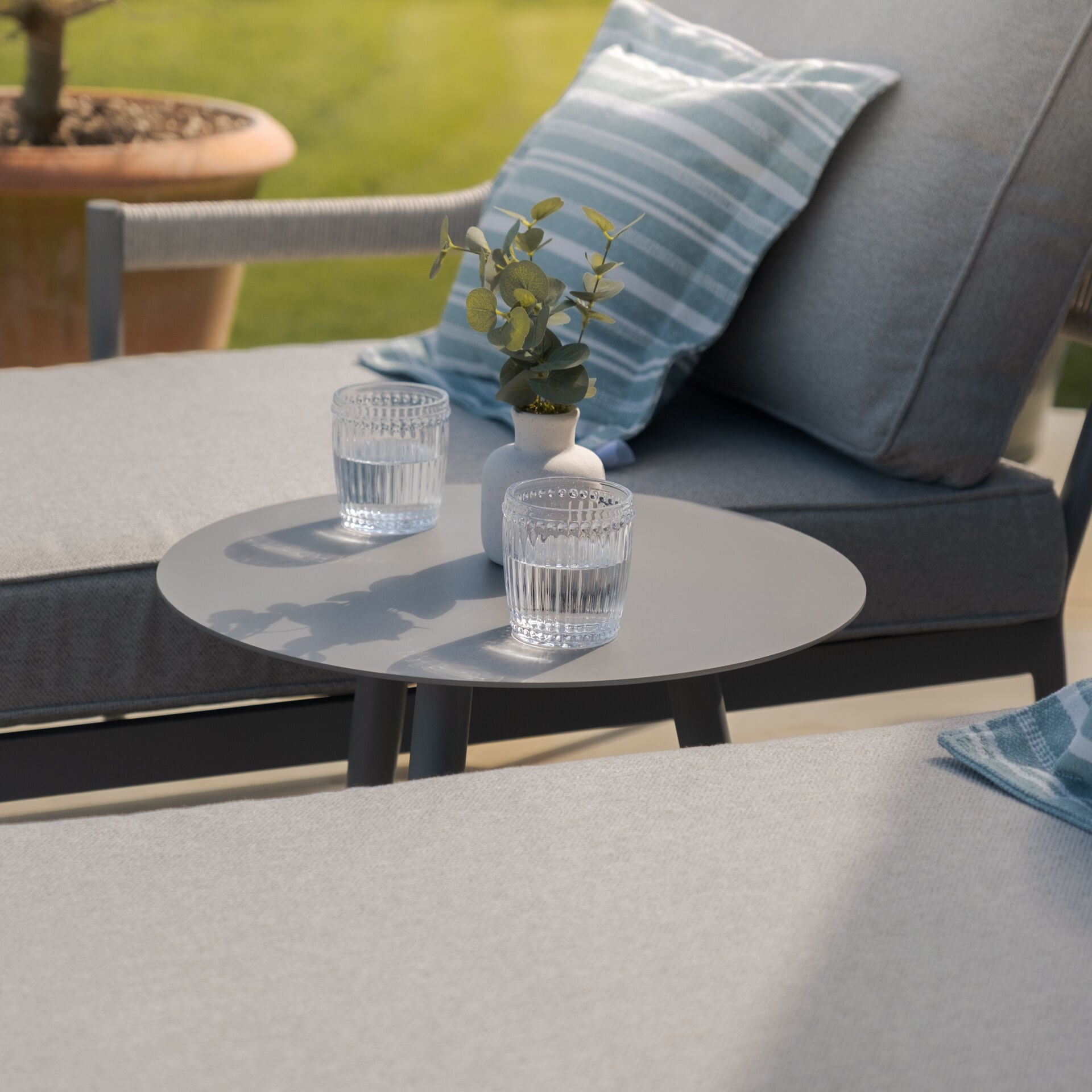 Shop Florence Sunlounger Set with natural linen cushions

