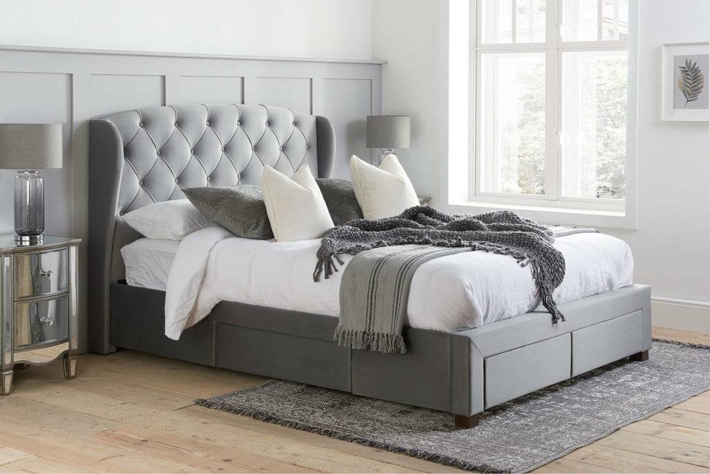 Shop Hope Fabric Bed Grey Velvet  Elegant Bed - Blythe Living