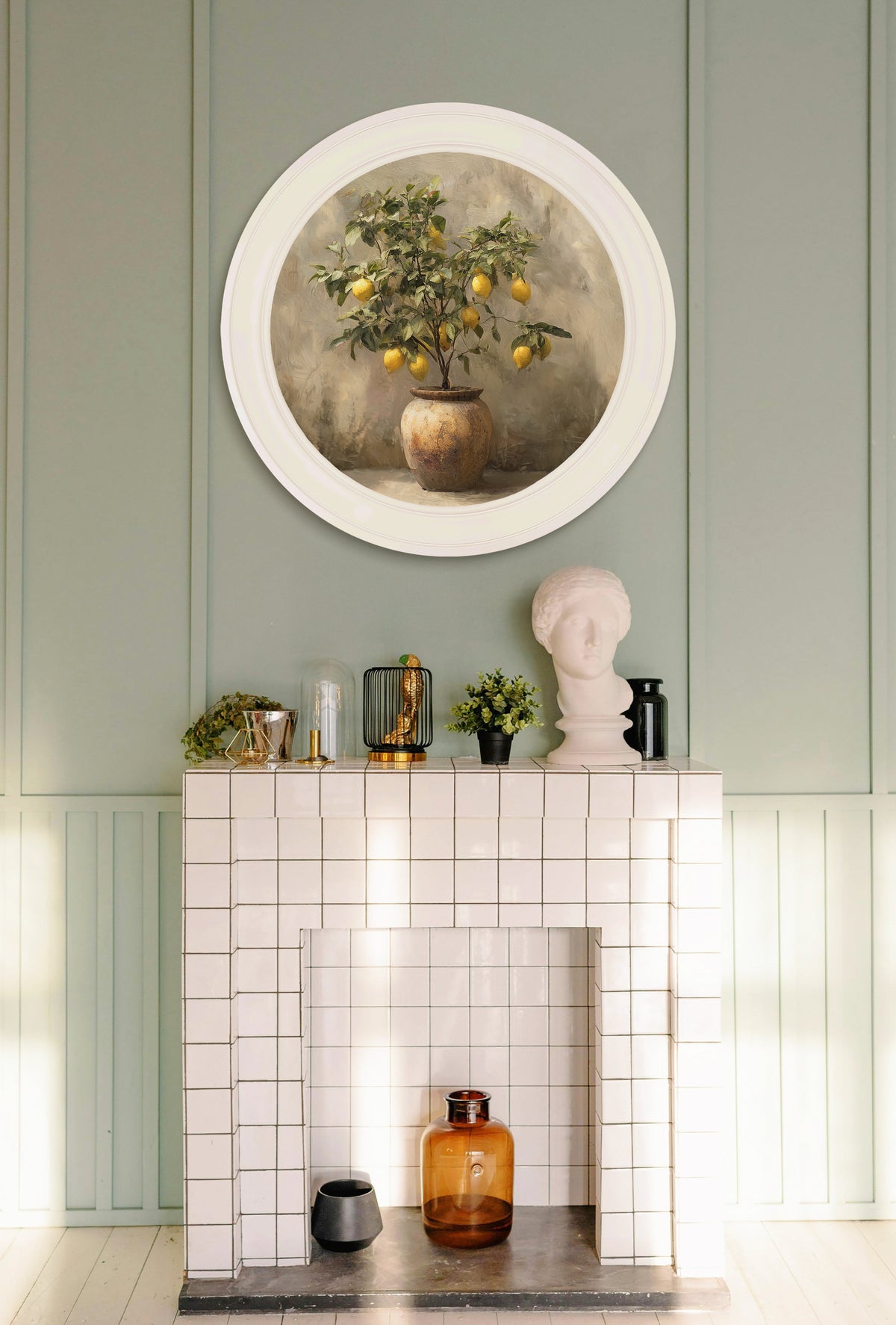 Shop Mediterranean Lemon Tree print in Oxford Strong White round frame