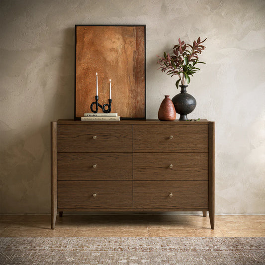 Shop Paris Oak 6 Drawer Chest Brown with brass handles bedroom furniture UK
