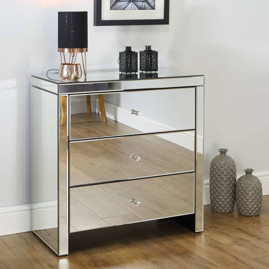 Shop Seville 3 Drawer Chest crystal handles bevelled mirror free UK delivery
