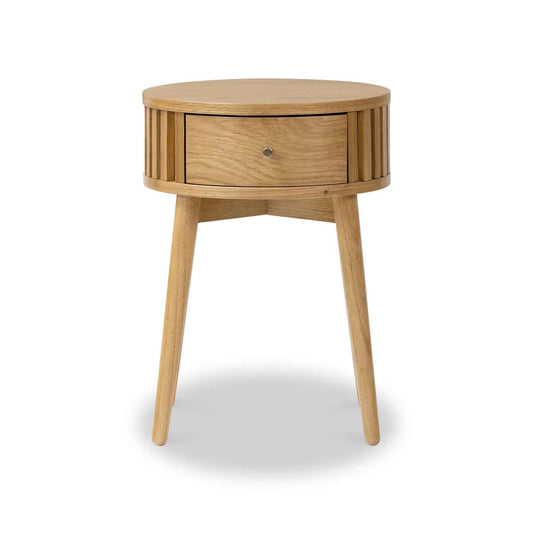 Shop Soho Oak Slatted Round 1 Drawer Side Table for modern interiors