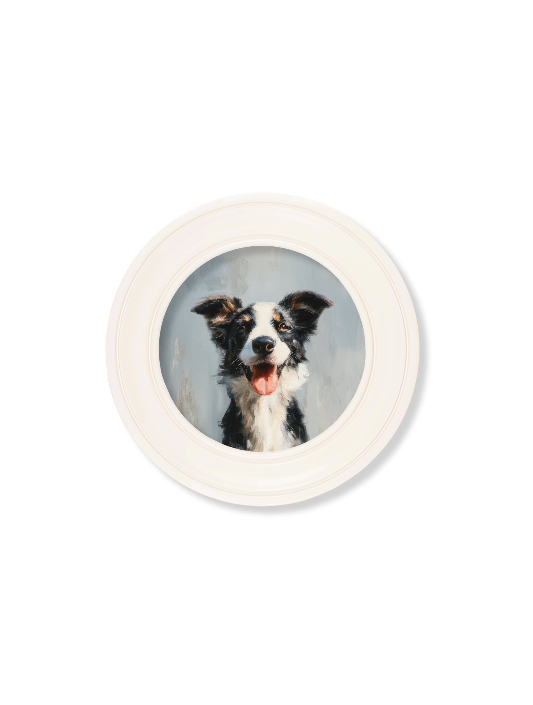 Shop The Smiley Sheepdog white round framed print free UK delivery
