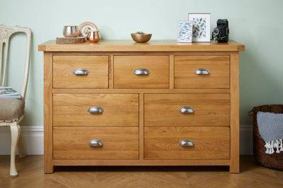 Shop Woburn 4+3 Chest Oak wide bedroom storage free UK delivery
