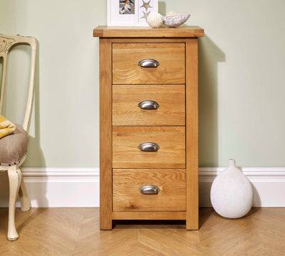 Shop Woburn 4 Drawer Narrow Chest Oak oak veneers free UK delivery
