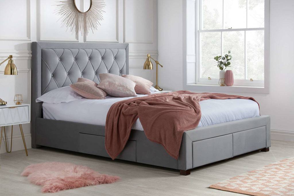 Shop Woodbury Fabric Bed Grey Velvet  Luxury Bed - Blythe Living