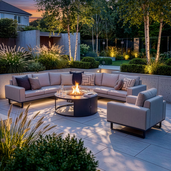 Shop all weather fabric garden corner sofa with integrated gas fire pit table