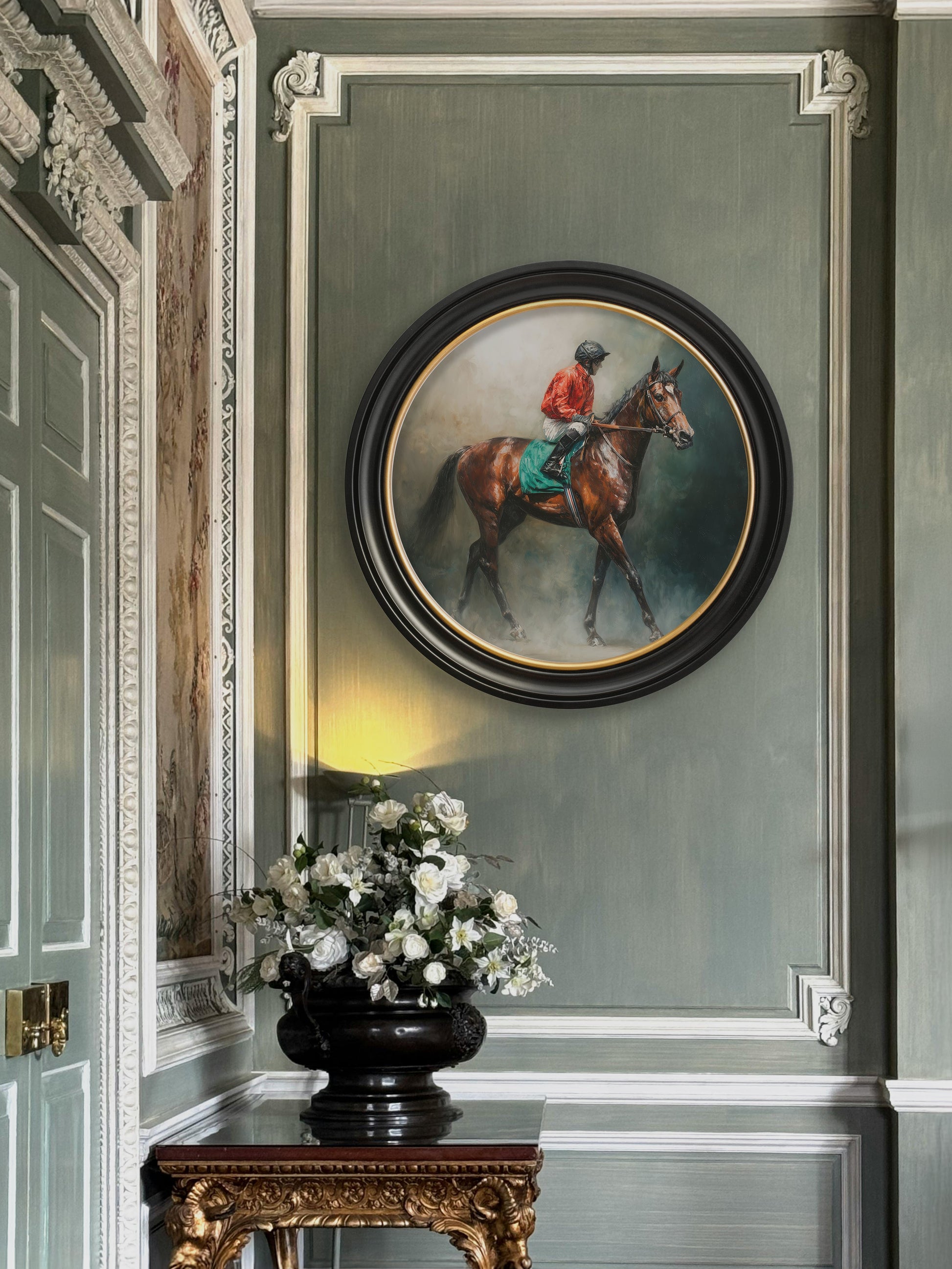 Shop dramatic horse racing action photography in circular frames online