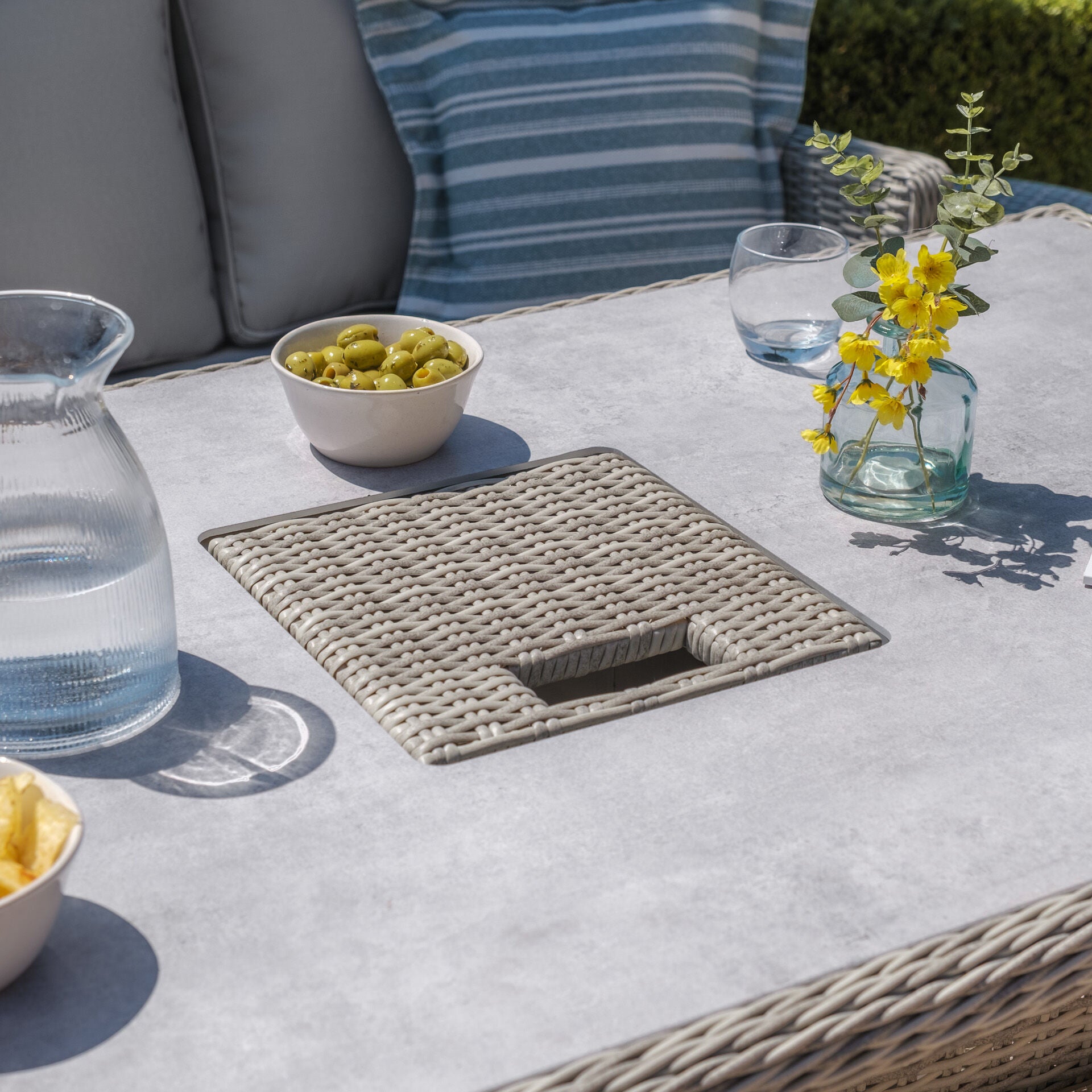 Shop grey round weave rattan corner garden sofa with height adjustable table online