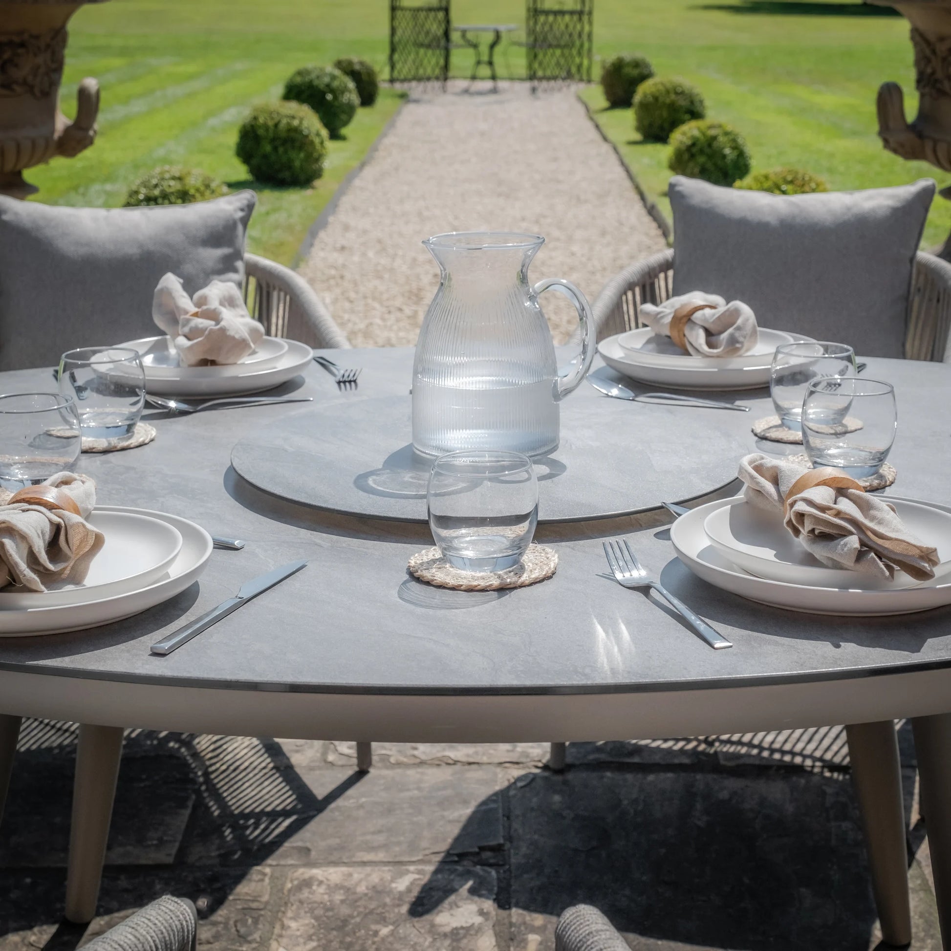 Shop luxury dark grey cushion rope weave garden dining set with rotating tray UK