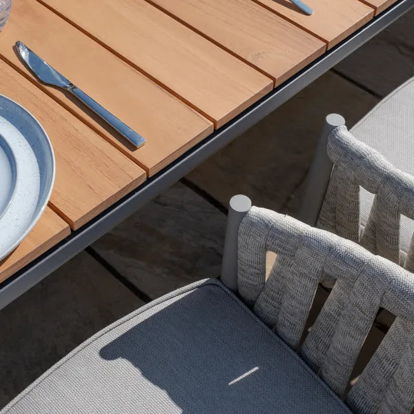 Shop modern Grade A teak extending garden table and 10 cool linen rope armchairs online