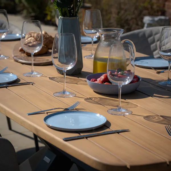 Shop modern Grade A teak oval garden table and 8 oatmeal fabric chairs online