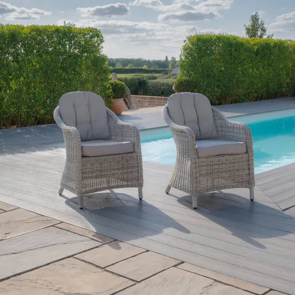 Shop modern Grade A teak round garden table and 6 grey rattan heritage chairs online