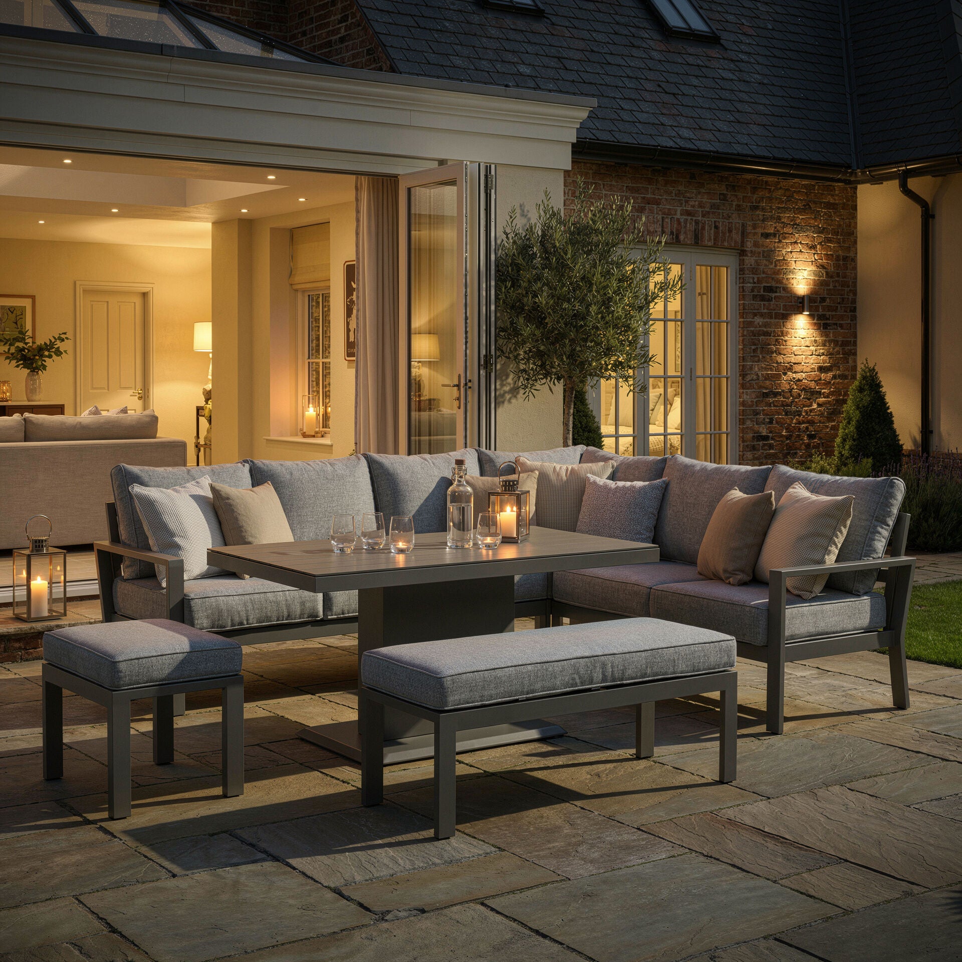 Shop modern cool linen grey aluminium corner garden sofa with height adjustable table online