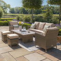 Shop natural round weave rattan 3 seater garden sofa and armchairs dining layout