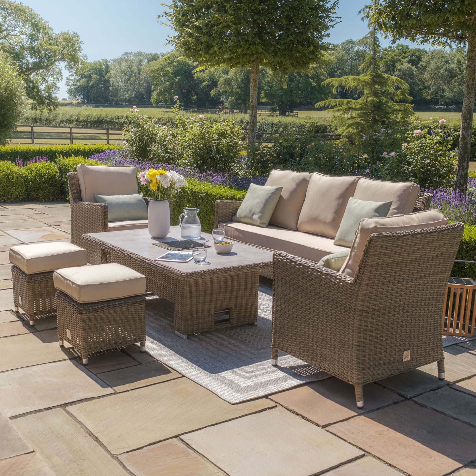 Shop natural round weave rattan 3 seater garden sofa and armchairs dining layout