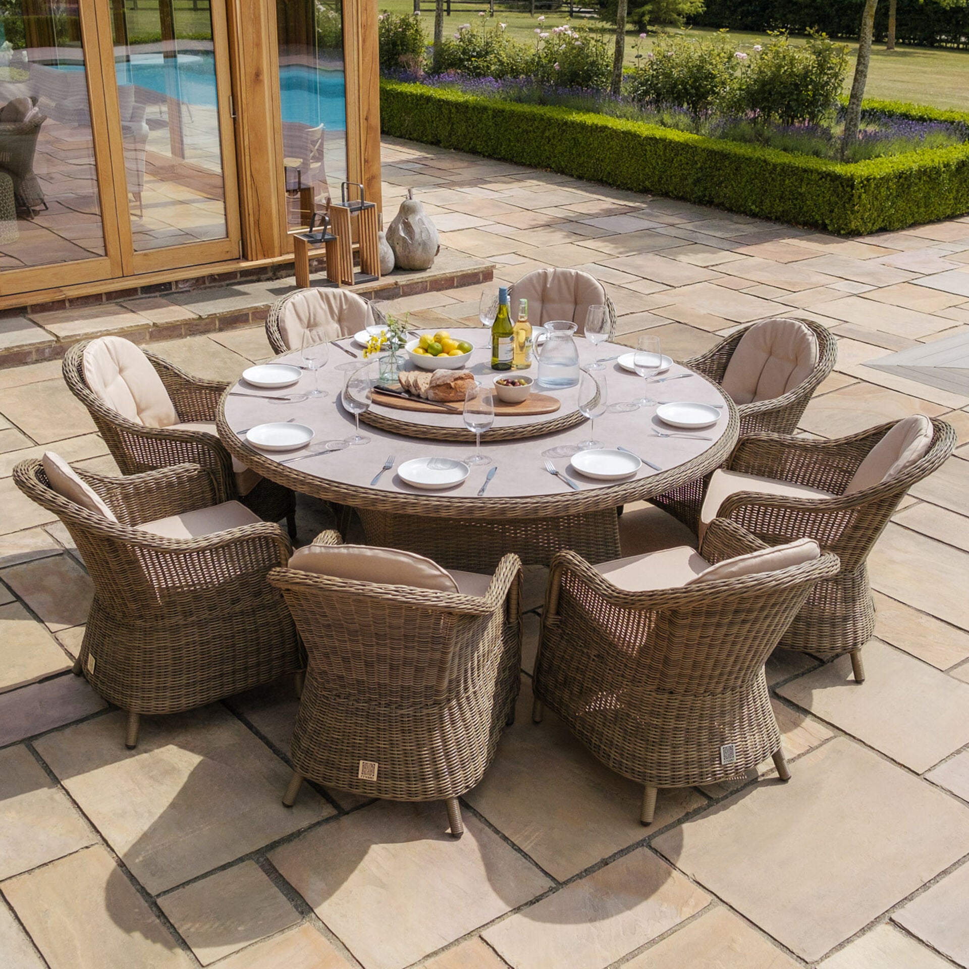 Shop natural round weave rattan round garden table and 8 chairs online