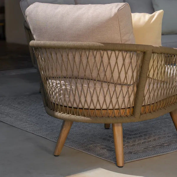 Shop olive green rope weave outdoor lounge chair UK
