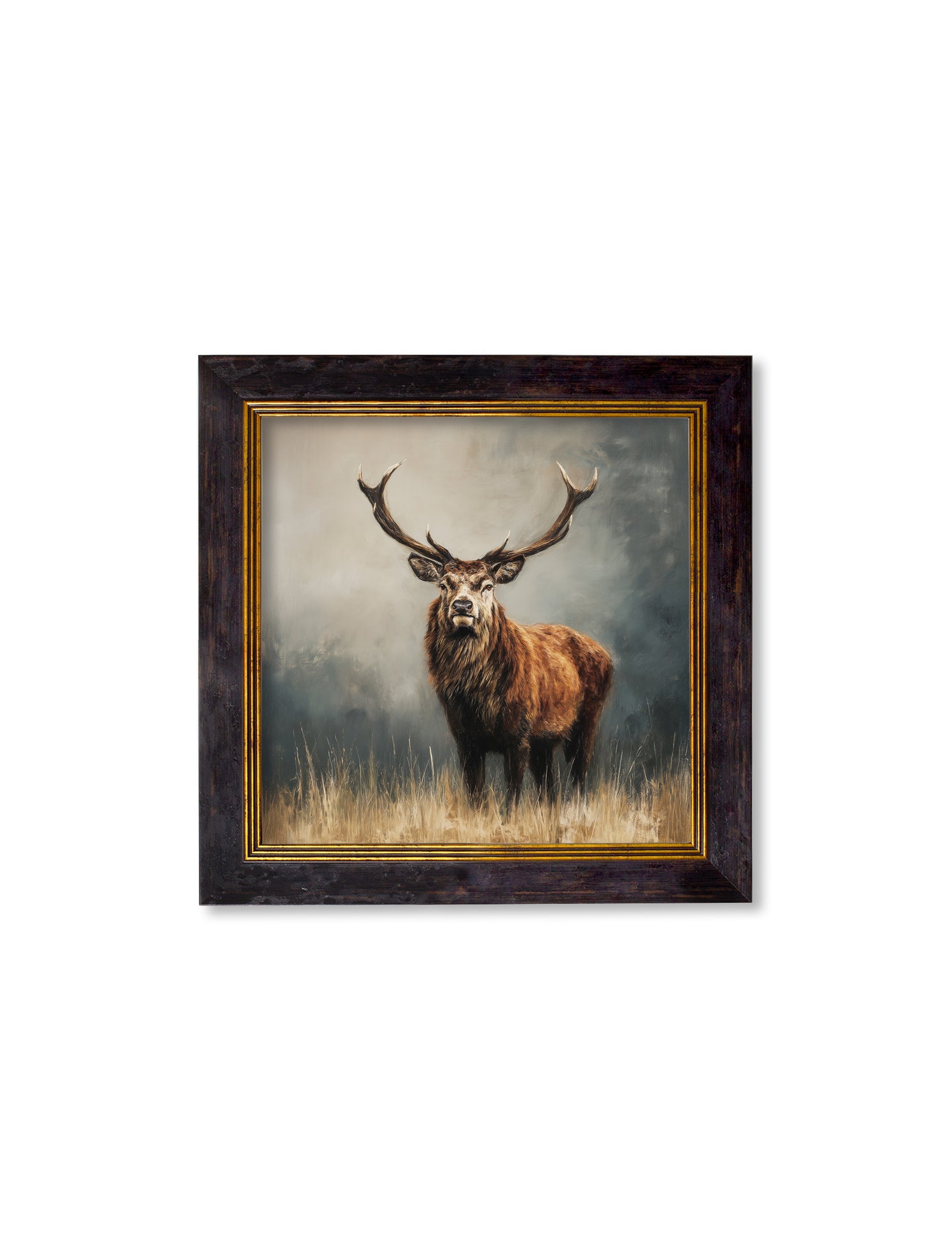 Shop rustic Highland Stag square wall art black gold frame UK
