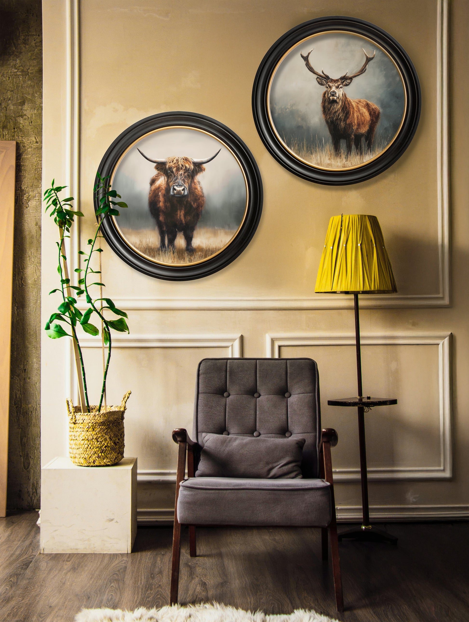 Shop rustic Scottish Highland Coo photography in circular frames online