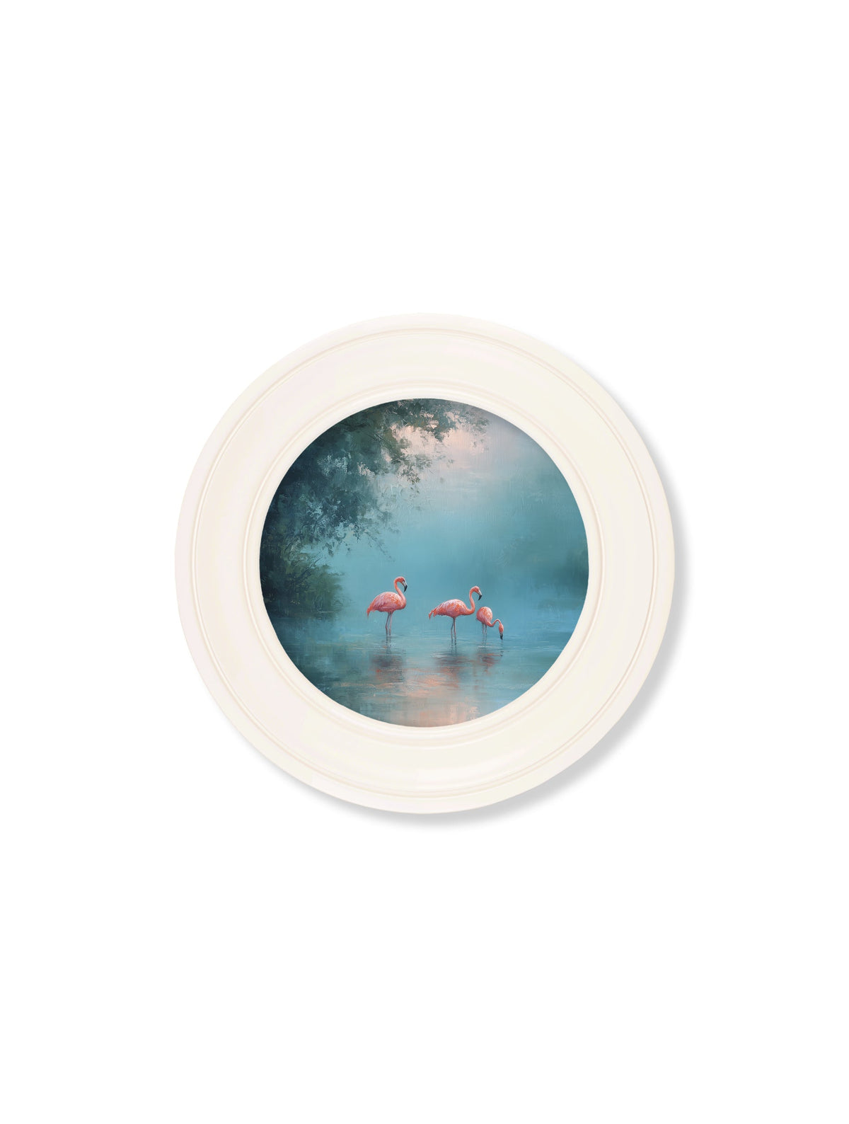 Shop three pink flamingos standing in a misty blue lake