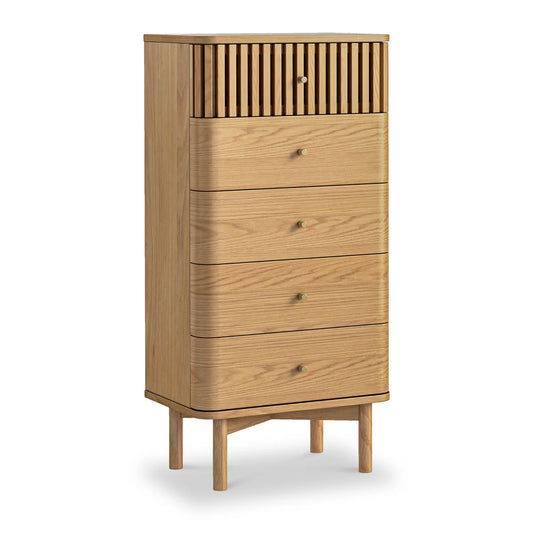 Soho Oak Slatted 5 Drawer Tallboy Chest - Blythe Living